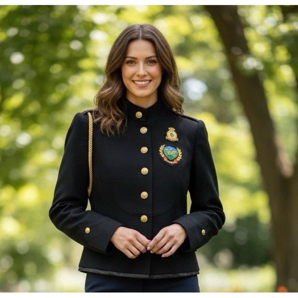 Classic Cropped Golden Crest Ladies Jacket Black Old Money Preppy Chic Vintage